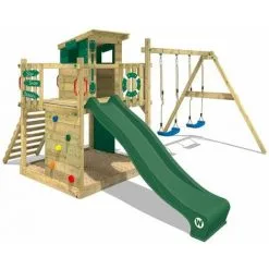 WICKEY Aire De Jeux Portique Bois Smart Camp Avec Balançoire Et Toboggan Vert Cabane Enfant Exterieur Avec Bac à Sable, échelle D'escalade & Accessoires De Jeux