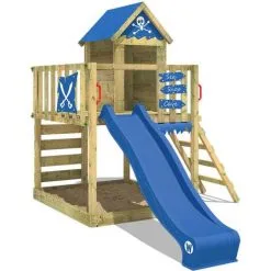WICKEY Aire De Jeux Portique Bois Smart Life Avec Toboggan Bleu Maison Enfant Exterieur Avec Bac à Sable, échelle D'escalade & Accessoires De Jeux