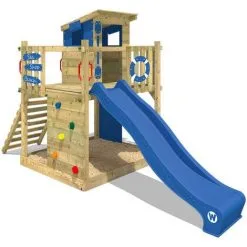 WICKEY Aire De Jeux Portique Bois Smart Pier Avec Toboggan Bleu Maison Enfant Exterieur Avec Bac à Sable, échelle D'escalade & Accessoires De Jeux