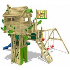 WICKEY Aire De Jeux Portique Bois Smart Treetop Avec Balançoire Et Toboggan Bleu Cabane Enfant Exterieur Avec échelle D'escalade & Accessoires De Jeux
