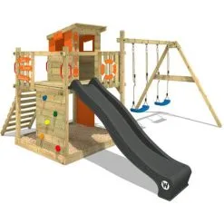 WICKEY Aire De Jeux Portique Bois Smart Camp Avec Balançoire Et Toboggan Anthracite Cabane Enfant Exterieur Avec Bac à Sable