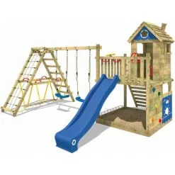 WICKEY Aire De Jeux Portique Bois Smart Shell Avec Balançoire Et Toboggan Orange Cabane Enfant Exterieur Avec Bac à Sable