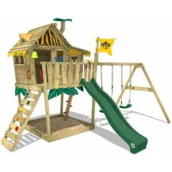 WICKEY Aire De Jeux Portique Bois Smart Monkey Avec Balançoire Et Toboggan Vert Maison Enfant Sur Pilotis Avec Bac à Sable