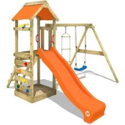 WICKEY Aire De Jeux Portique Bois FreeFlyer Avec Balançoire Et Toboggan Orange Maison Enfant Exterieur Avec Bac à Sable