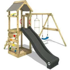 WICKEY Aire De Jeux Portique Bois FreeFlyer Avec Balançoire Et Toboggan Anthracite Maison Enfant Exterieur Avec Bac à Sable