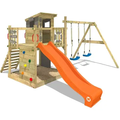 WICKEY Aire De Jeux Portique Bois Smart Camp Avec Balançoire Et Toboggan Orange Cabane Enfant Exterieur Avec Bac à Sable