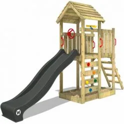WICKEY Aire De Jeux Portique Bois JoyFlyer Avec Toboggan Anthracite Maison Enfant Exterieur Avec Bac à Sable, échelle D'escalade