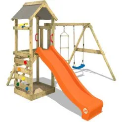 WICKEY Aire De Jeux Portique Bois FreeFlyer Avec Balançoire Et Toboggan Orange Maison Enfant Exterieur Avec Bac à Sable