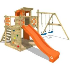 WICKEY Aire De Jeux Portique Bois Smart Camp Avec Balançoire Et Toboggan Orange Cabane Enfant Exterieur Avec Bac à Sable