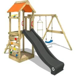 WICKEY Aire De Jeux Portique Bois FreeFlyer Avec Balançoire Et Toboggan Anthracite Maison Enfant Exterieur Avec Bac à Sable
