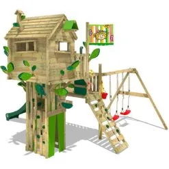 WICKEY Aire De Jeux Portique Bois Smart Treetop Avec Balançoire Et Toboggan Vert Cabane Enfant Exterieur Avec échelle D'escalade