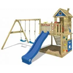 WICKEY Aire De Jeux Portique Bois Smart Lodge 120 Avec Balançoire Et Toboggan Bleu Cabane Enfant Exterieur Avec Bac à Sable, échelle D'escalade & Accessoires De Jeux