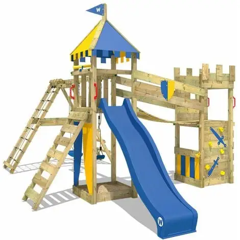 WICKEY Aire De Jeux Portique Bois Smart Legend 150 Avec Balançoire Et Toboggan Bleu Maison Enfant Exterieur Avec Bac à Sable, échelle D'escalade & Accessoires De Jeux