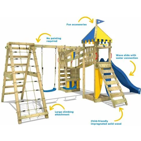 WICKEY Aire De Jeux Portique Bois Smart Legend 150 Avec Balançoire Et Toboggan Bleu Maison Enfant Exterieur Avec Bac à Sable, échelle D'escalade & Accessoires De Jeux – Image 2