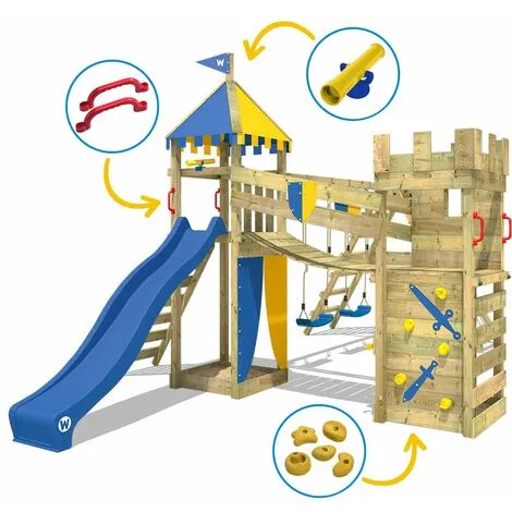 WICKEY Aire De Jeux Portique Bois Smart Legend 150 Avec Balançoire Et Toboggan Bleu Maison Enfant Exterieur Avec Bac à Sable, échelle D'escalade & Accessoires De Jeux – Image 3