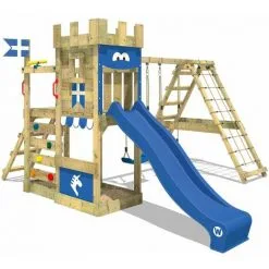 WICKEY Aire De Jeux Portique Bois DragonFlyer Avec Balançoire Et Toboggan Bleu Maison Enfant Exterieur Avec Bac à Sable, échelle D'escalade & Accessoires De Jeux