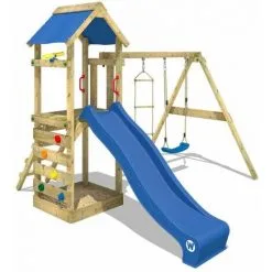 WICKEY Aire De Jeux Portique Bois FreeFlyer Avec Balançoire Et Toboggan Bleu Maison Enfant Exterieur Avec Bac à Sable, échelle D'escalade & Accessoires De Jeux
