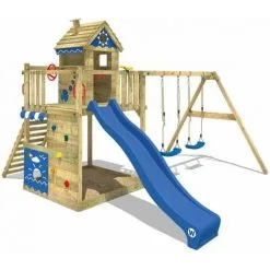 WICKEY Aire De Jeux Portique Bois Smart Lodge 150 Avec Balançoire Et Toboggan Bleu Cabane Enfant Exterieur Avec Bac à Sable, échelle D'escalade & Accessoires De Jeux