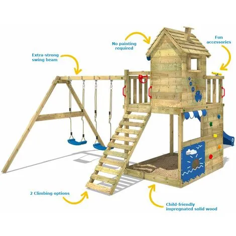 WICKEY Aire De Jeux Portique Bois Smart Lodge 150 Avec Balançoire Et Toboggan Bleu Cabane Enfant Exterieur Avec Bac à Sable, échelle D'escalade & Accessoires De Jeux – Image 2