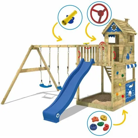 WICKEY Aire De Jeux Portique Bois Smart Lodge 150 Avec Balançoire Et Toboggan Bleu Cabane Enfant Exterieur Avec Bac à Sable, échelle D'escalade & Accessoires De Jeux – Image 3