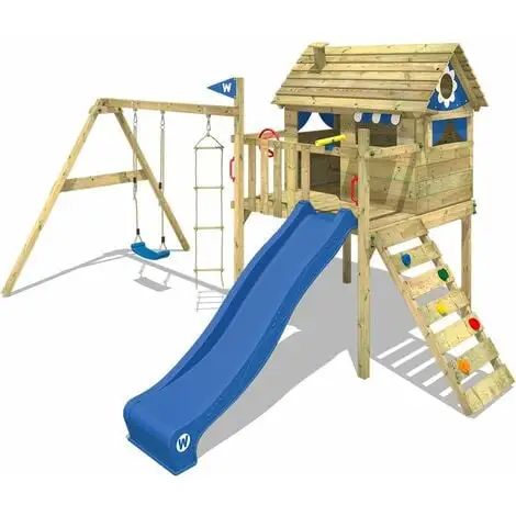 WICKEY Aire De Jeux Portique Bois Smart Travel Avec Balançoire Et Toboggan Bleu Maison Enfant Sur Pilotis Avec échelle D'escalade & Accessoires De Jeux