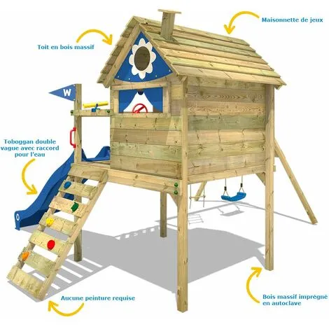 WICKEY Aire De Jeux Portique Bois Smart Travel Avec Balançoire Et Toboggan Bleu Maison Enfant Sur Pilotis Avec échelle D'escalade & Accessoires De Jeux – Image 2