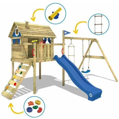 WICKEY Aire De Jeux Portique Bois Smart Travel Avec Balançoire Et Toboggan Bleu Maison Enfant Sur Pilotis Avec échelle D'escalade & Accessoires De Jeux – Image 3