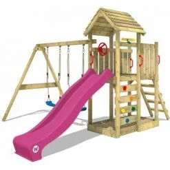 WICKEY Aire De Jeux Portique Bois MultiFlyer Toit En Bois Avec Balançoire Et Toboggan Violet Maison Enfant Exterieur Avec Toit En Bois, Bac à Sable, échelle D'escalade & Accessoires De Jeux