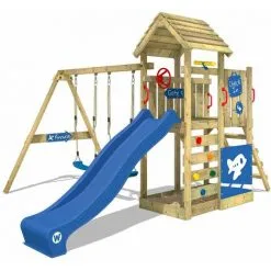 WICKEY Aire De Jeux Portique Bois MultiFlyer Deluxe Avec Balançoire Et Toboggan Bleu Maison Enfant Exterieur Avec Bac à Sable, échelle D'escalade & Accessoires De Jeux