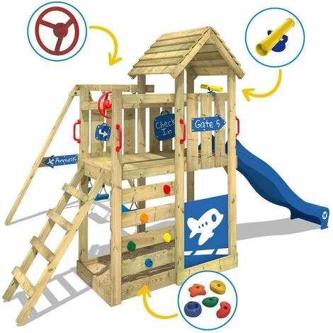 WICKEY Aire De Jeux Portique Bois MultiFlyer Deluxe Avec Balançoire Et Toboggan Bleu Maison Enfant Exterieur Avec Bac à Sable, échelle D'escalade & Accessoires De Jeux – Image 3