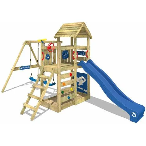 WICKEY Aire De Jeux Portique Bois MultiFlyer Deluxe Avec Balançoire Et Toboggan Bleu Maison Enfant Exterieur Avec Bac à Sable, échelle D'escalade & Accessoires De Jeux – Image 4