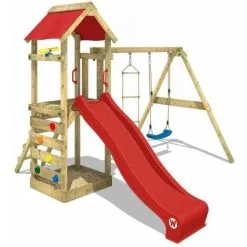 WICKEY Aire De Jeux Portique Bois FreeFlyer Avec Balançoire Et Toboggan Rouge Maison Enfant Exterieur Avec Bac à Sable, échelle D'escalade & Accessoires De Jeux