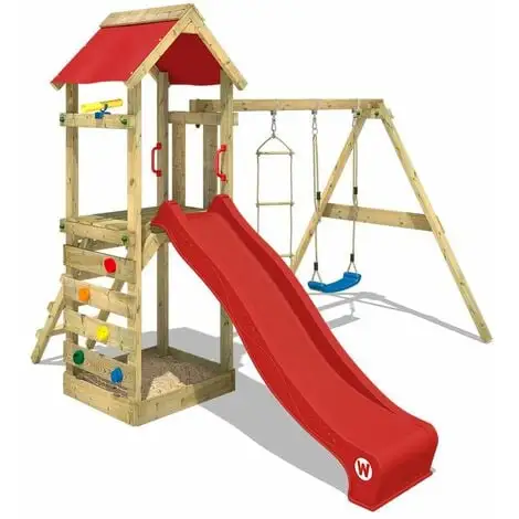 WICKEY Aire De Jeux Portique Bois FreeFlyer Avec Balançoire Et Toboggan Rouge Maison Enfant Exterieur Avec Bac à Sable, échelle D'escalade & Accessoires De Jeux
