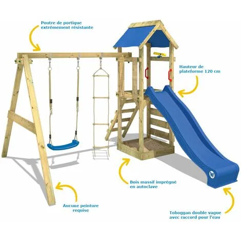 WICKEY Aire De Jeux Portique Bois FreeFlyer Avec Balançoire Et Toboggan Rouge Maison Enfant Exterieur Avec Bac à Sable, échelle D'escalade & Accessoires De Jeux – Image 2