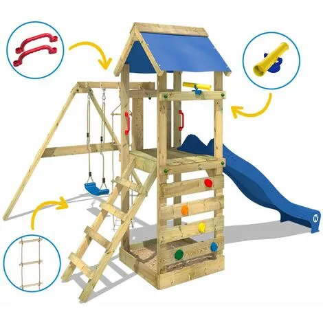 WICKEY Aire De Jeux Portique Bois FreeFlyer Avec Balançoire Et Toboggan Rouge Maison Enfant Exterieur Avec Bac à Sable, échelle D'escalade & Accessoires De Jeux – Image 3
