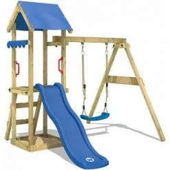 WICKEY Aire De Jeux Portique Bois TinyWave Avec Balançoire Et Toboggan Bleu Maison Enfant Exterieur Avec Bac à Sable, échelle D'escalade & Accessoires De Jeux