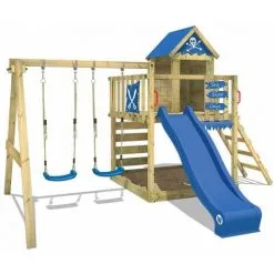 WICKEY Aire De Jeux Portique Bois Smart Cave Avec Balançoire Et Toboggan Bleu Cabane Enfant Exterieur Avec Bac à Sable, échelle D'escalade & Accessoires De Jeux