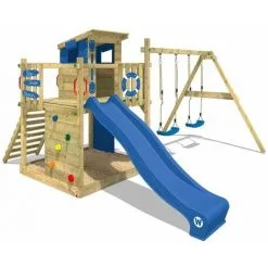 WICKEY Aire De Jeux Portique Bois Smart Camp Avec Balançoire Et Toboggan Bleu Cabane Enfant Exterieur Avec Bac à Sable, échelle D'escalade & Accessoires De Jeux