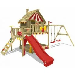 WICKEY Aire De Jeux Portique Bois Smart Trip Avec Balançoire Et Toboggan Rouge Maison Enfant Sur Pilotis Avec Bac à Sable, échelle D'escalade & Accessoires De Jeux