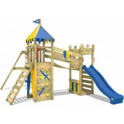 WICKEY Aire De Jeux Portique Bois Smart Fort Avec Balançoire Et Toboggan Bleu Maison Enfant Exterieur Avec Bac à Sable, échelle D'escalade & Accessoires De Jeux