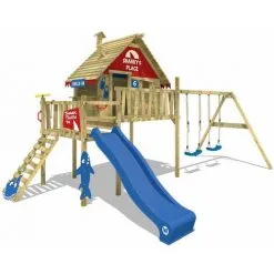 WICKEY Aire De Jeux Portique Bois Smart Bay Avec Balançoire Et Toboggan Bleu Maison Enfant Sur Pilotis Avec échelle D'escalade & Accessoires De Jeux