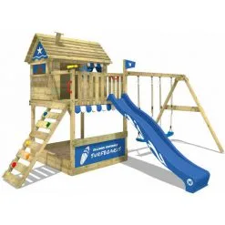 WICKEY Aire De Jeux Portique Bois Smart Seaside Avec Balançoire Et Toboggan Bleu Maison Enfant Sur Pilotis Avec Bac à Sable, échelle D'escalade & Accessoires De Jeux