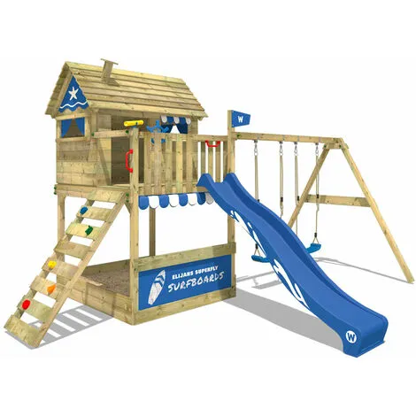 WICKEY Aire De Jeux Portique Bois Smart Seaside Avec Balançoire Et Toboggan Bleu Maison Enfant Sur Pilotis Avec Bac à Sable, échelle D'escalade & Accessoires De Jeux