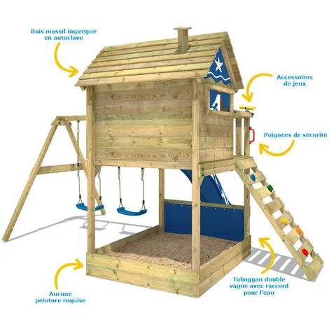 WICKEY Aire De Jeux Portique Bois Smart Seaside Avec Balançoire Et Toboggan Bleu Maison Enfant Sur Pilotis Avec Bac à Sable, échelle D'escalade & Accessoires De Jeux – Image 2
