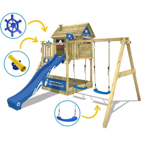 WICKEY Aire De Jeux Portique Bois Smart Seaside Avec Balançoire Et Toboggan Bleu Maison Enfant Sur Pilotis Avec Bac à Sable, échelle D'escalade & Accessoires De Jeux – Image 3