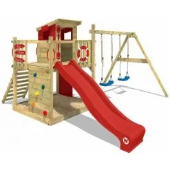 WICKEY Aire De Jeux Portique Bois Smart Camp Avec Balançoire Et Toboggan Rouge Cabane Enfant Exterieur Avec Bac à Sable, échelle D'escalade & Accessoires De Jeux