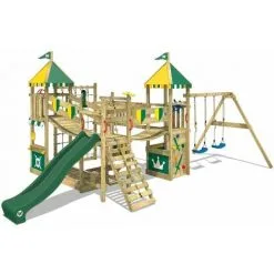 WICKEY Aire De Jeux Portique Bois Smart Queen Avec Balançoire Et Toboggan Vert Maison Enfant Exterieur Avec Bac à Sable, échelle D'escalade & Accessoires De Jeux