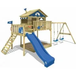 WICKEY Aire De Jeux Portique Bois Smart Coast Avec Balançoire Et Toboggan Bleu Maison Enfant Sur Pilotis Avec Bac à Sable, échelle D'escalade & Accessoires De Jeux