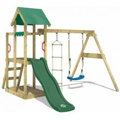 WICKEY Aire De Jeux Portique Bois TinyPlace Avec Balançoire Et Toboggan Vert Maison Enfant Exterieur Avec Bac à Sable, échelle D'escalade & Accessoires De Jeux