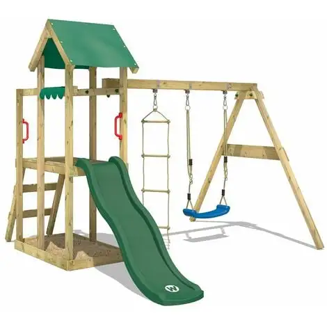 WICKEY Aire De Jeux Portique Bois TinyPlace Avec Balançoire Et Toboggan Vert Maison Enfant Exterieur Avec Bac à Sable, échelle D'escalade & Accessoires De Jeux